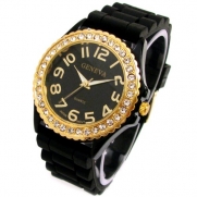 Geneva Black Silicone Ceramic Style Wrist Watch Surrounded with Gold Trim and Sparkly Rhinestones