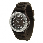 Brown Silicone Band Designer Style Crystal Bezel Watch Large Face