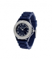 Navy Blue Geneva Silicone Ceramic Style Band Crystal Bezel Women's Watch - S Size