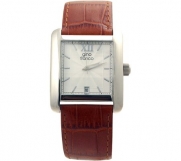 gino franco Men's 941BR Square Stainless Steel Genuine Leather Strap Watch