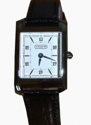 Authentic Coach Rectangular Watch Crinkled Black Leather Band Crystal Silver Unisex