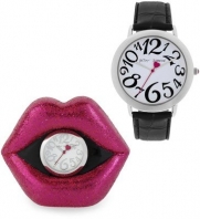 Betsey Johnson Watch and Lip Clock Set, Women's Black Croc Embossed Strap