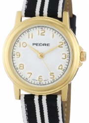 Pedre Women's 0231GX Black/ White Striped Grosgrain Strap Gold-Tone Watch