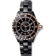 Ceramic CoutureTM Ladies Rose Gold Immersion Plated & Black Watch