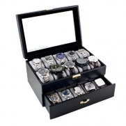 Black Classic Watch Case Display Box With Clear Glass Top Holds 20 Watches