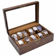 Vintage Wood Glass Clear Top Watch Display Storage Case Chest Holds 10+ Watches With Adjustable Soft Pillows and High Clearance for Larger Watches