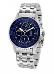 Mens Classic Silver Bracelet Watch Blue Dial Diamond Accent Multifunction Day Date Moon Phase Konigswerk SQ201450G