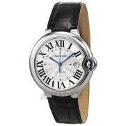 Cartier Ballon Bleu Automatic Silver Dial Stainless Steel Black Leather Mens Watch W69016Z4