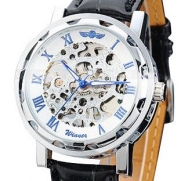 Vantasy Roman Men's Luxury Stainless Steel White Dial Skeleton Analog Hand Wind Mechanical Black Leather Wrist Watch