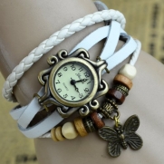 Elite Charm Butterfly Pendant Quartz Fashion Weave Wrap Leather Bracelet Womens Wrist Watches (White)