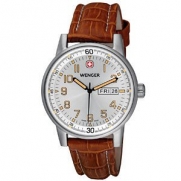 WENGER MENS COMMANDO DAY DATE XL SILVER DIAL BROWN STRAP