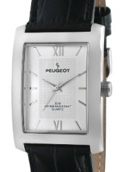 Peugeot Men's 2033SL Silver-Tone Black Leather Strap and Silver Dial Watch
