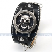 Stylish Devil Skull Skeleton Leather Bracelet Men Lady Punk Sport Cuff Watch