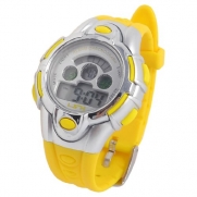 Child Yellow Plastic Band Silver Tone Case LCD Digital Sports Wrist Watch