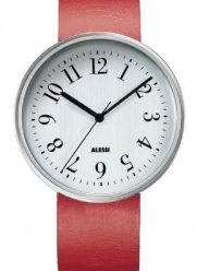 Alessi Unisex AL6004 Record Stainless-Steel and Red Leather Strap Watch