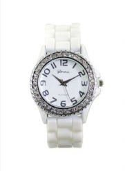 Women's Rhinestone-accented White Large Face Silicone Watch