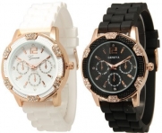 Black and White Rosegold Faux Chronograph Silicone Watch w/ Rhinestones