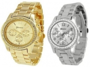 2 PACK Geneva Silver and Gold Plated Classic Round CZ Ladies Boyfriend Watch