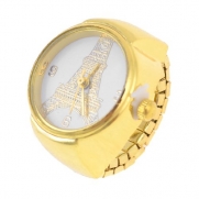Stretch Band Arabic Number Eiffel Tower Dial Finger Ring Watch Gold Tone