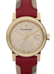 Burberry BU9111 Women's Swiss Haymarket Check Fabric & Red Leather Band watch
