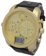 GENEVA Men Quartz Chronograph LOOKING Multi-Time Zone Digital/Analog Watch Gold Case Black Leather Band