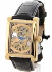 Mens Croton Skeleton AUTOMATIC Movement Sharp Gold Rectangle Dial Black Leather Watch 331066BSSK
