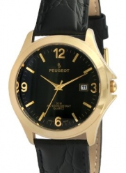 Peugeot Men's 2035 Round Gold-Tone Black Leather Strap and Black Dial Watch