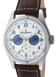 Peugeot Men's 2028 Silver-Tone Multi-Function Brown Leather Strap Watch