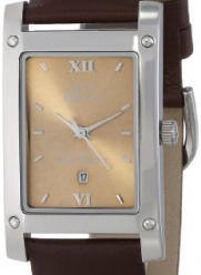 gino franco Men's 949BR Square Stainless Steel Genuine Leather Strap Watch