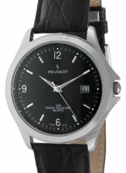 Peugeot Men's 296BK Silver-Tone Black Leather Strap Watch