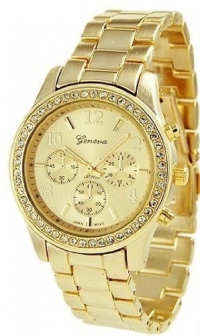 Geneva Platinum 9073 Women's Decorative Chronograph Rhinestone-accented Link Watch-GOLD