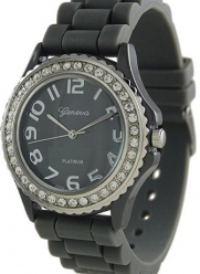 Geneva Platinum CZ Accented Silicone Link Watch, Large Face