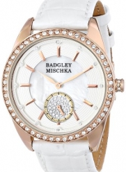 Badgley Mischka Women's BA/1316WMRG Swarovski Crystal-Accented Rose Gold-Tone White Leather Strap Watch