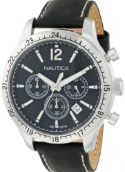 Nautica Men's N16659G BFD 104 Stainless Steel Watch with Black Leather Strap