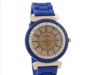 Gift-HK New Fashion Geneve Brand CZ Rhinestone Bling Table Silicone Women Wrist Watch (Dark Blue)
