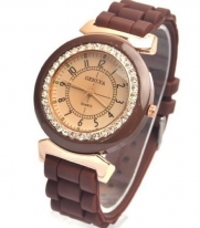 Gift-HK New Fashion Geneve Brand CZ Rhinestone Bling Table Silicone Women Wrist Watch (Brown)