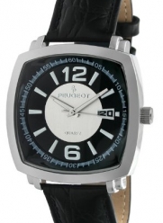 Peugeot Men's 2032S Silver-Tone Black Leather Strap Watch