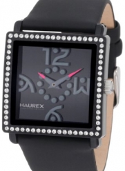 Haurex Italy Women's NF369DNN Diverso PC Square Black Dial Crystal Bezel Leather Watch
