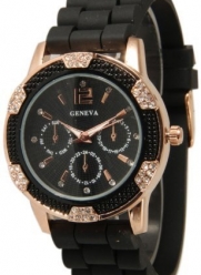 Women's Black Rose Gold Geneva Faux Chronograph Silicone Watch with Crystal Rhinestones Bezel