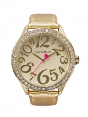 Womens Large Face Gold Watch Leather Strap Crystal Bezel Easy Read Jade LeBaum - JB202760G