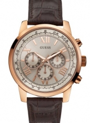 GUESS Men's U0380G4 Chronograph Brown Watch with Silver-Tone Case & Genuine Leather