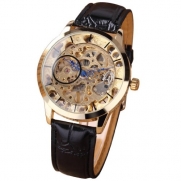 Mens Mechanical Skeleton Watch Hand Wind Up Gold Dial Black Leather Strap MW-35