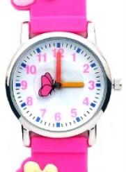 Flower Patch (Neon Pink Band) - Gone Bananas Analog Girls' Waterproof Watch with Animated Butterfly for Second Hand - 3 ATM Water Resistant
