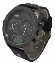 GENEVA Men Quartz Chronograph LOOKING Multi-Time Zone Digital/Analog Watch Black Case Black Leather Band