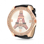 Bling Jewelry Black Leather Rose Gold Plated Pink Eiffel Tower Watch