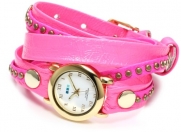 La Mer Collections Women's LMSW4000 Layered and Studded Neon Pink and Gold Bali Wrap Watch