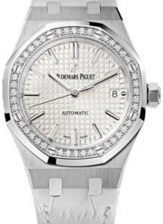 Audemars Piguet Royal Oak Automatic Diamond Silver Dial White Leather Ladies Watch 15451ST.ZZ.D011CR.01