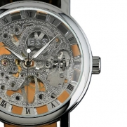 ESS Men's Black Leather Luxury Skeleton Dial Hand-Wind Up Mechanical Wrist Watch WM119