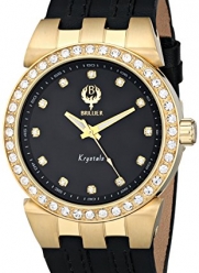 Brillier Unisex 22-04 Krystals Crystal-Accented Gold-Tone Watch with Black Leather Strap