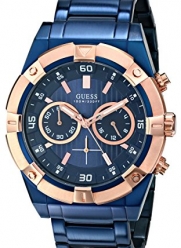 GUESS Men's U0377G4 Iconic Blue Plated Chronograph Watch with Rose Gold-Tone Case & Accents